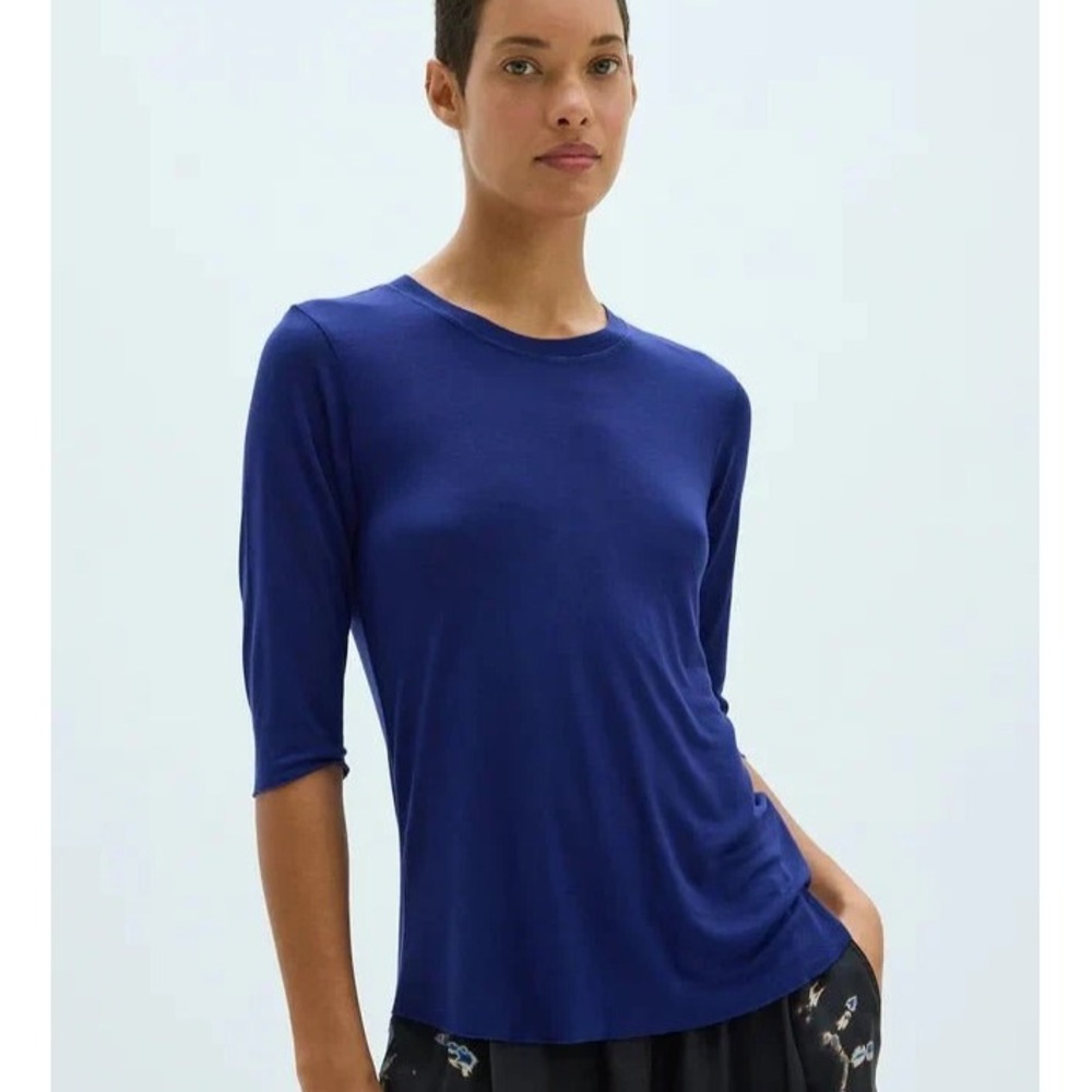 NWT Raquel Allegra Kipp Tee Stretch Knit Shirt Navy XS Minimalist Basic‎ Raw Hem